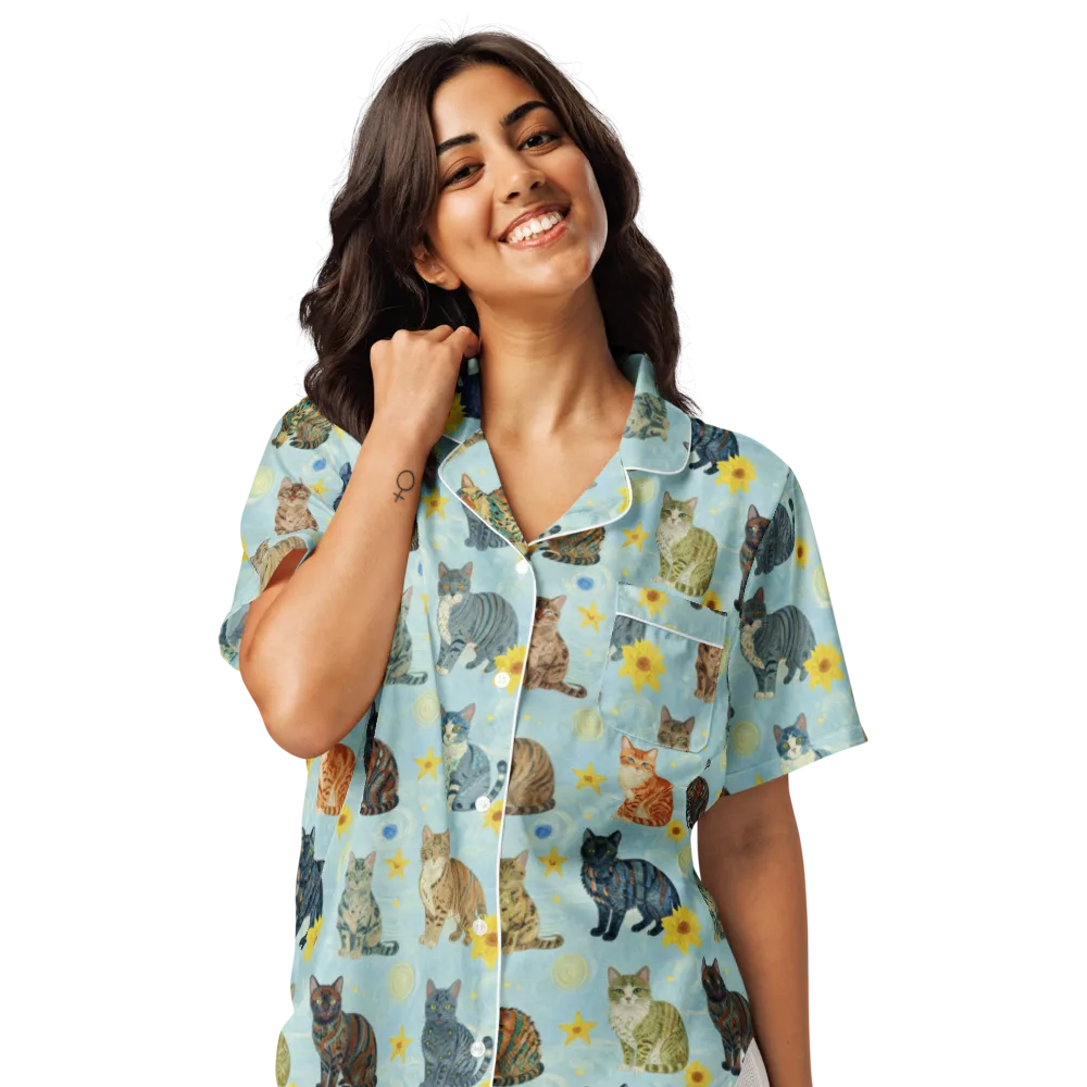 Starry Cat Garden on Women's Short Sleeve Pajama Top — Front
