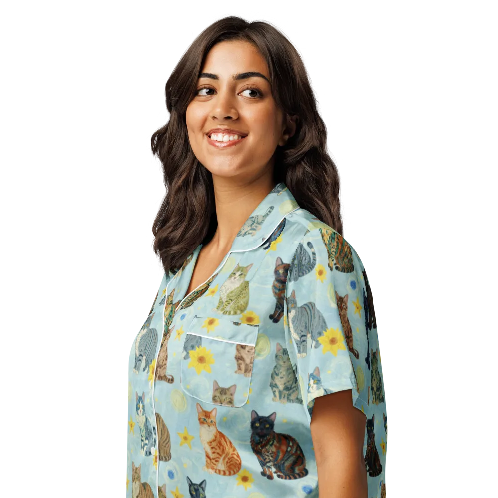 Starry Cat Garden on Women's Short Sleeve Pajama Top — Left Front