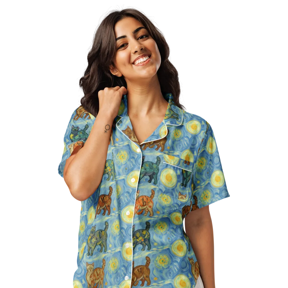 Starry Night Prowl on Women's Short Sleeve Pajama Top — Front