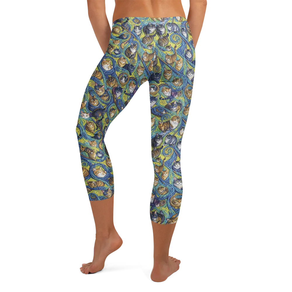 Whiskered Starry Night on Capri Leggings — Back