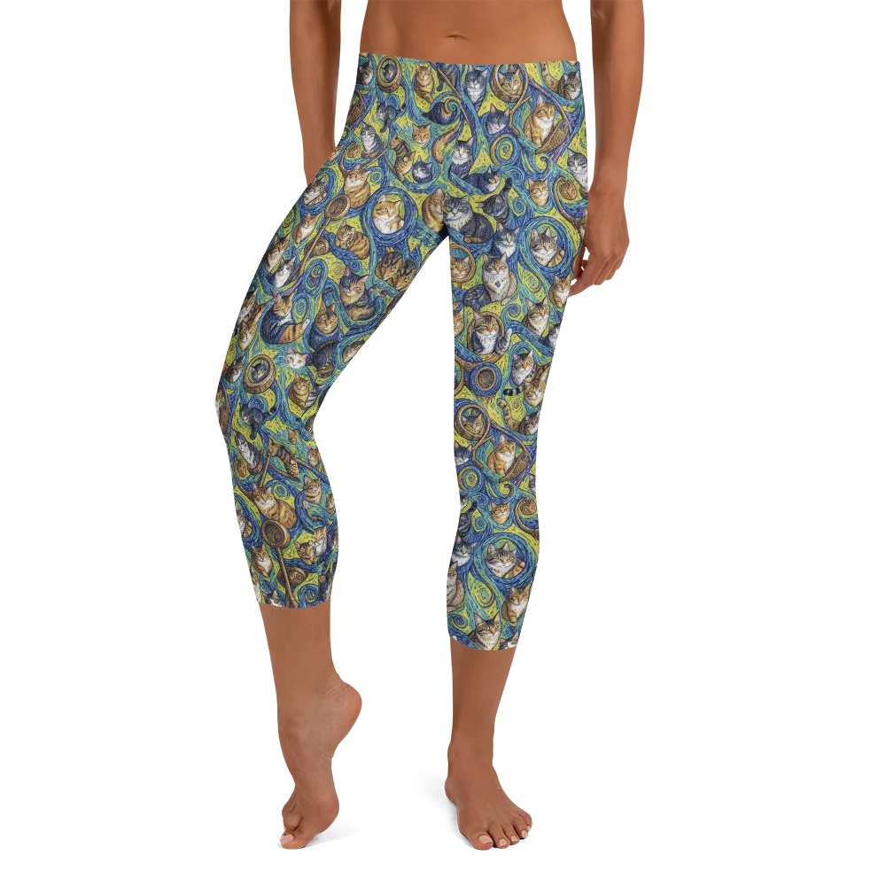 Whiskered Starry Night on Capri Leggings — Front