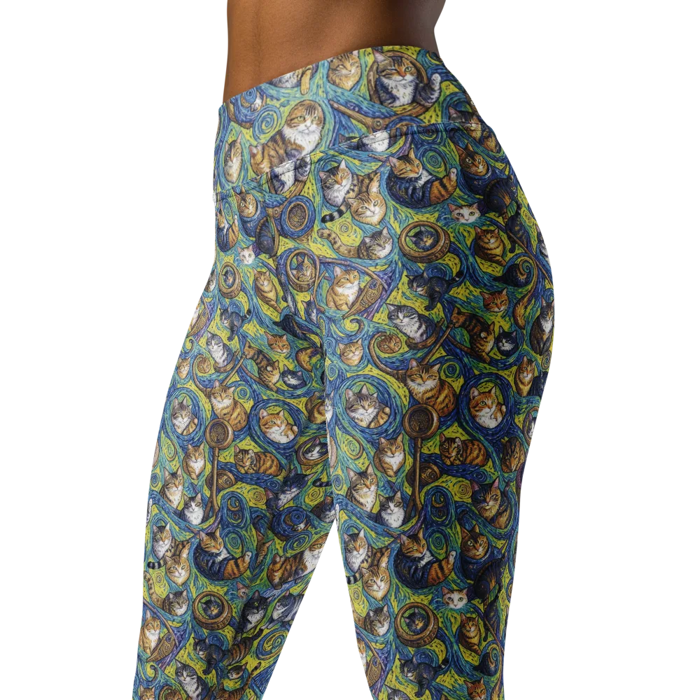 Whiskered Starry Night on Yoga Leggings — Left Front