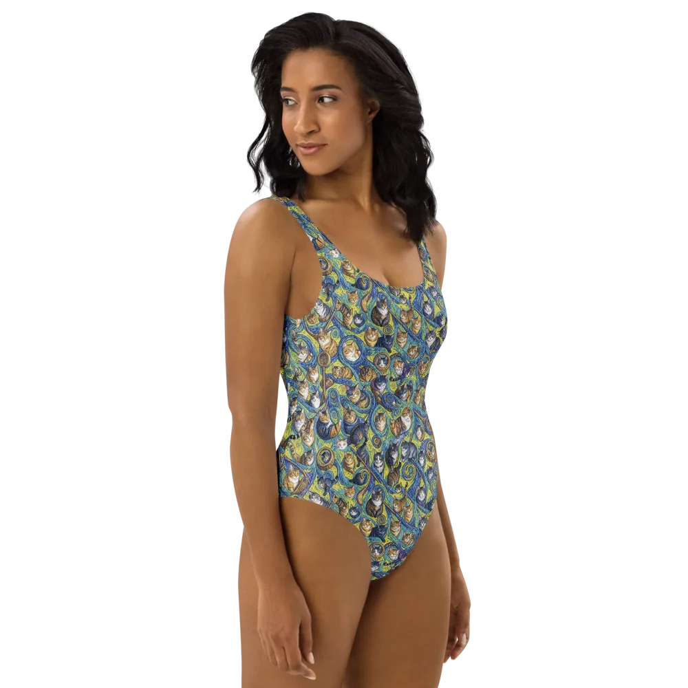 Whiskered Starry Night on One-Piece Swimsuit — Right