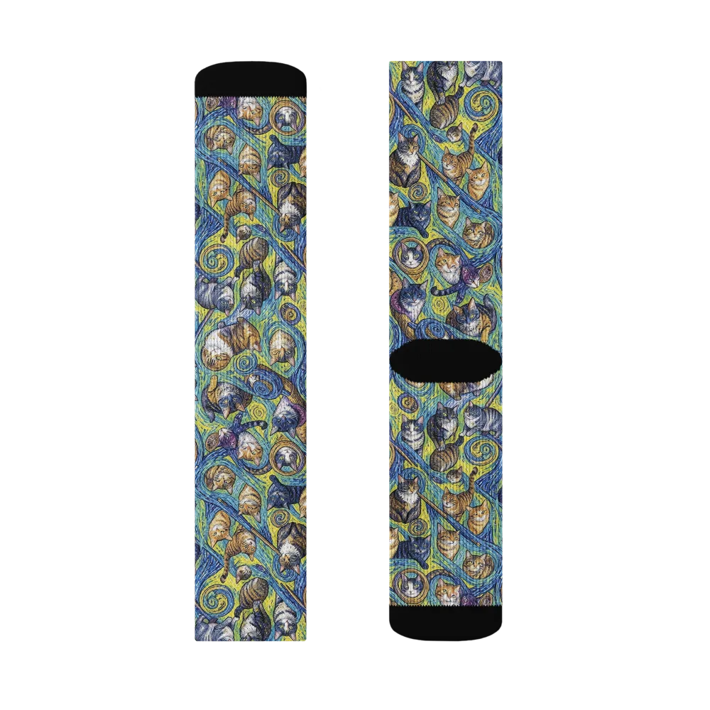 Whiskered Starry Night on Socks — Left Sock