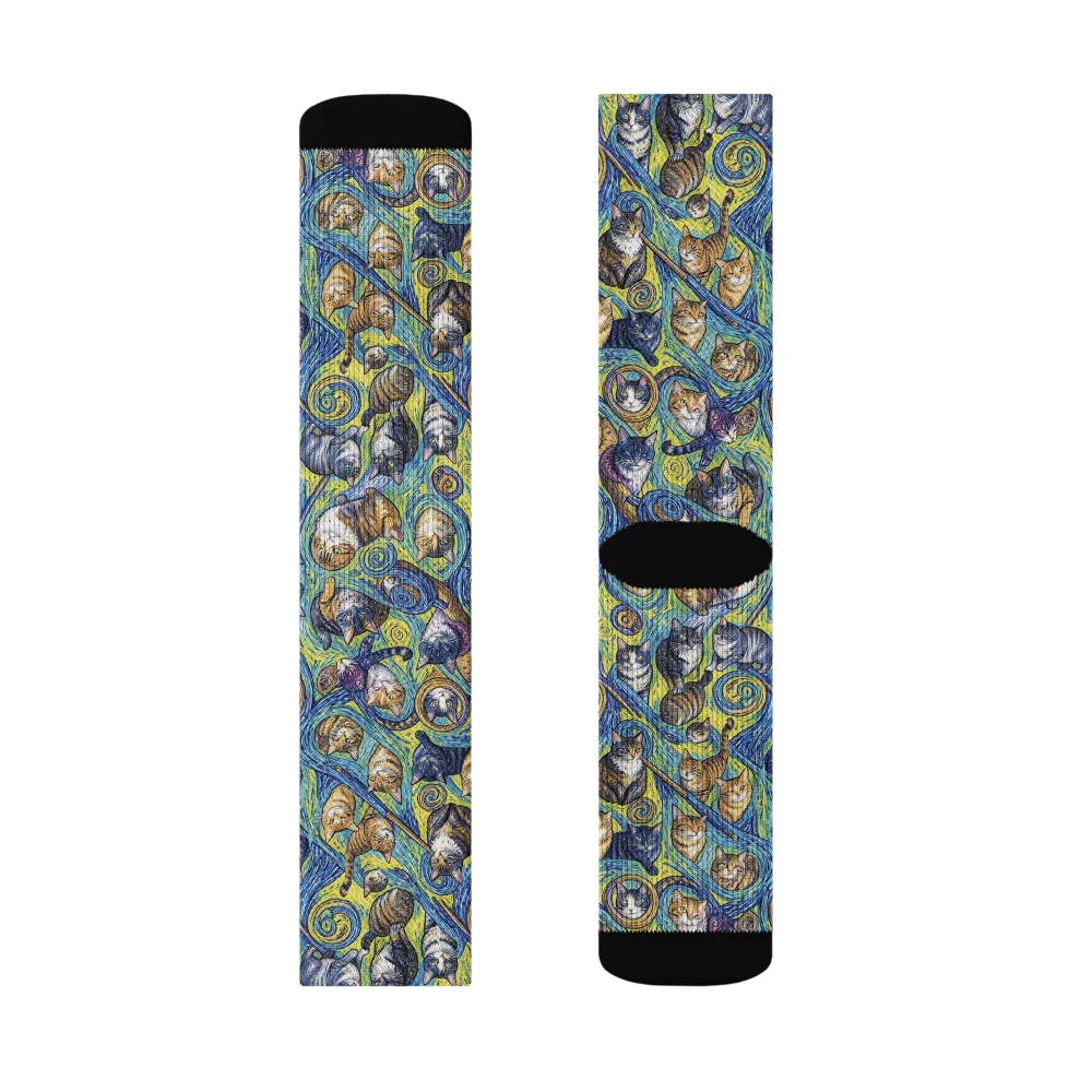 Whiskered Starry Night on Socks — Right Sock
