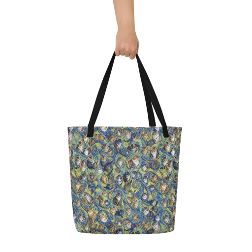 Whiskered Starry Night on a Large Tote Bag W/ Pocket