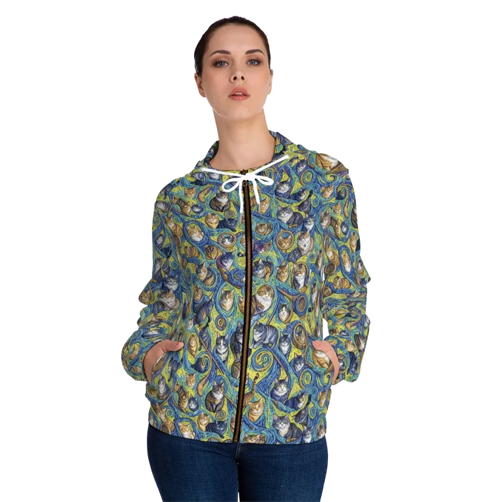 Whiskered Starry Night on Women's Full-Zip Hoodie — Front On Person