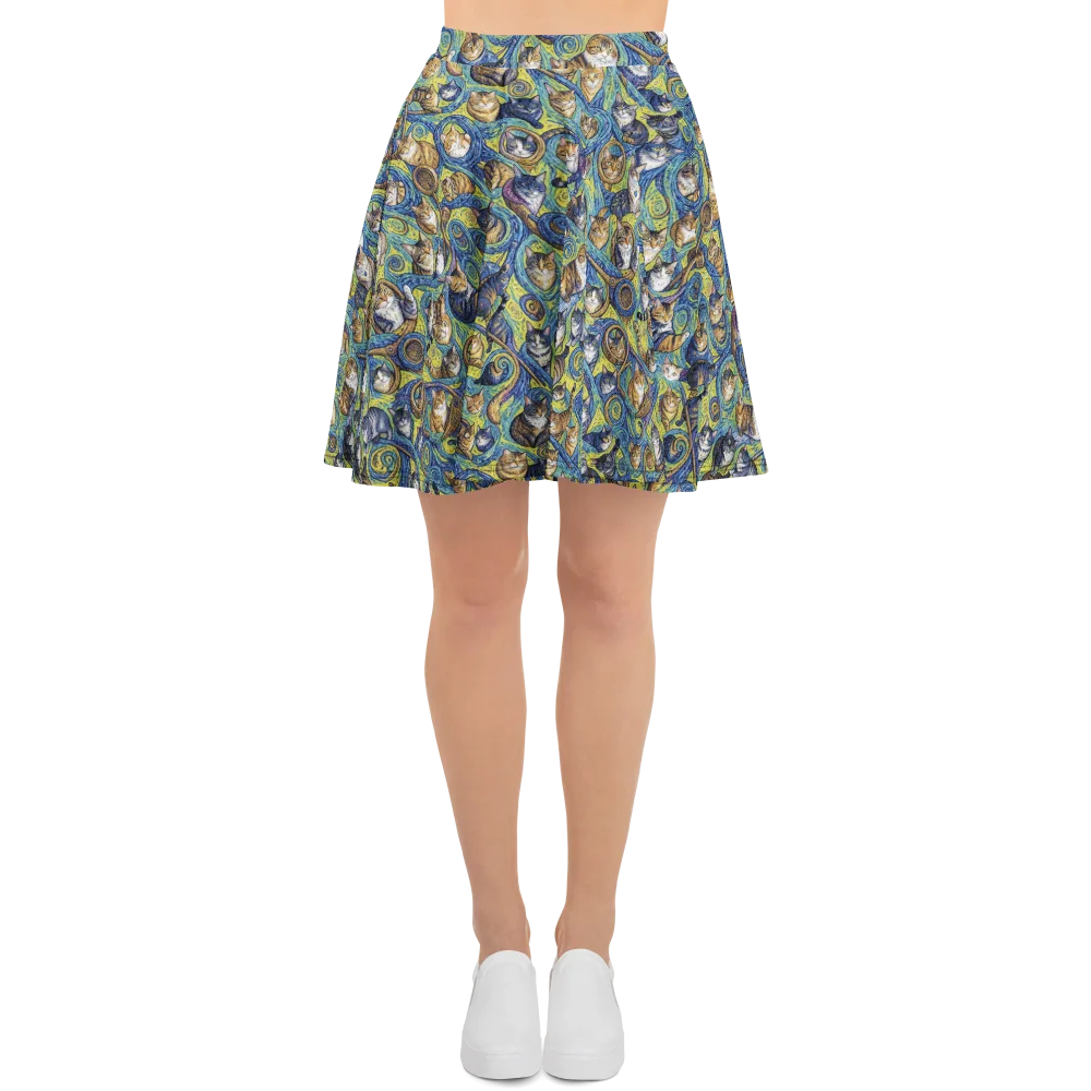 Whiskered Starry Night on Skater Skirt — Front