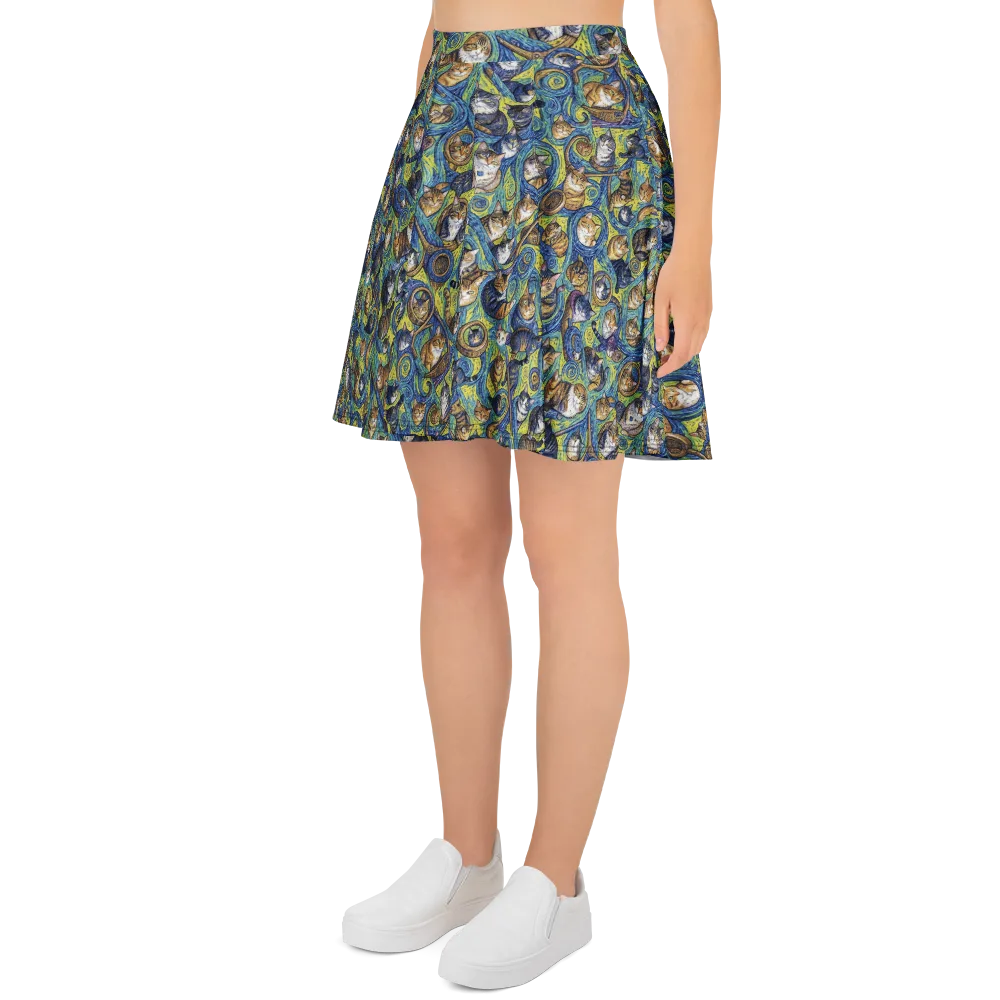 Whiskered Starry Night on Skater Skirt — Left