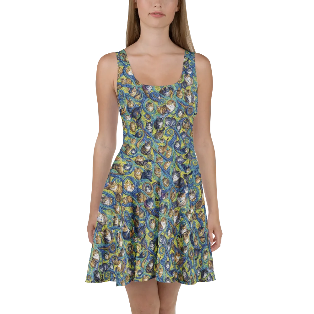 Whiskered Starry Night on Skater Dress — Front