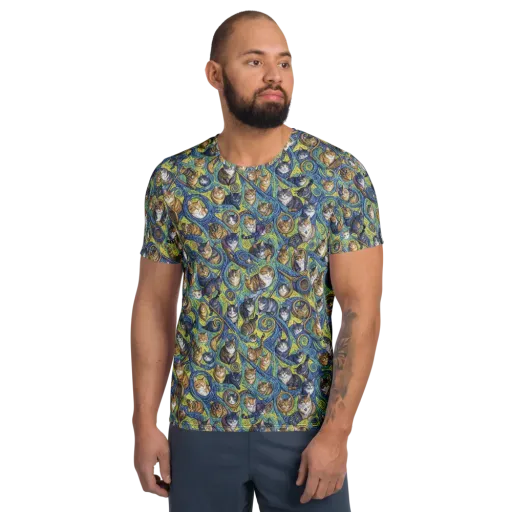 Whiskered Starry Night on a Men's Athletic T-Shirt
