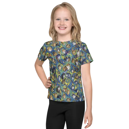 Whiskered Starry Night on a Kids Crew Neck T-Shirt