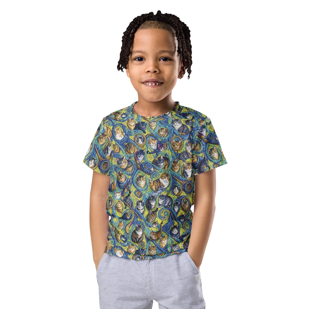 Whiskered Starry Night on Kids Crew Neck T-Shirt — Front