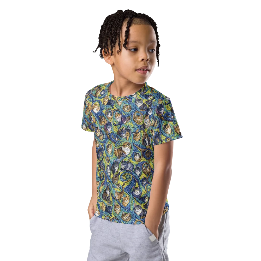 Whiskered Starry Night on Kids Crew Neck T-Shirt — Left Front