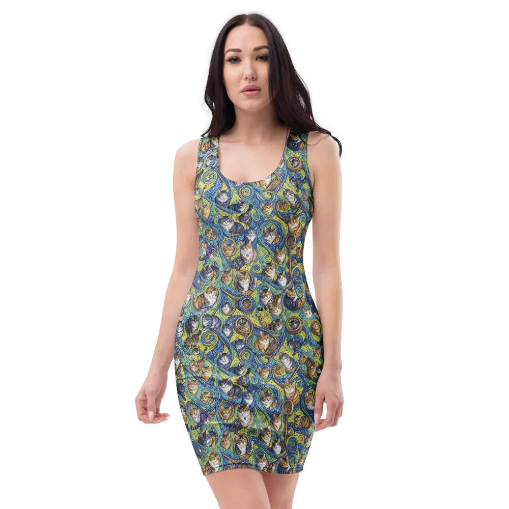Whiskered Starry Night on Bodycon Dress — Front