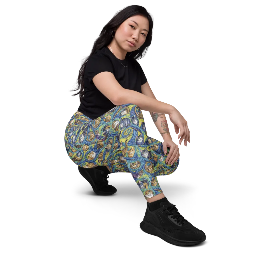 Whiskered Starry Night on Leggings with Pockets — Right Front
