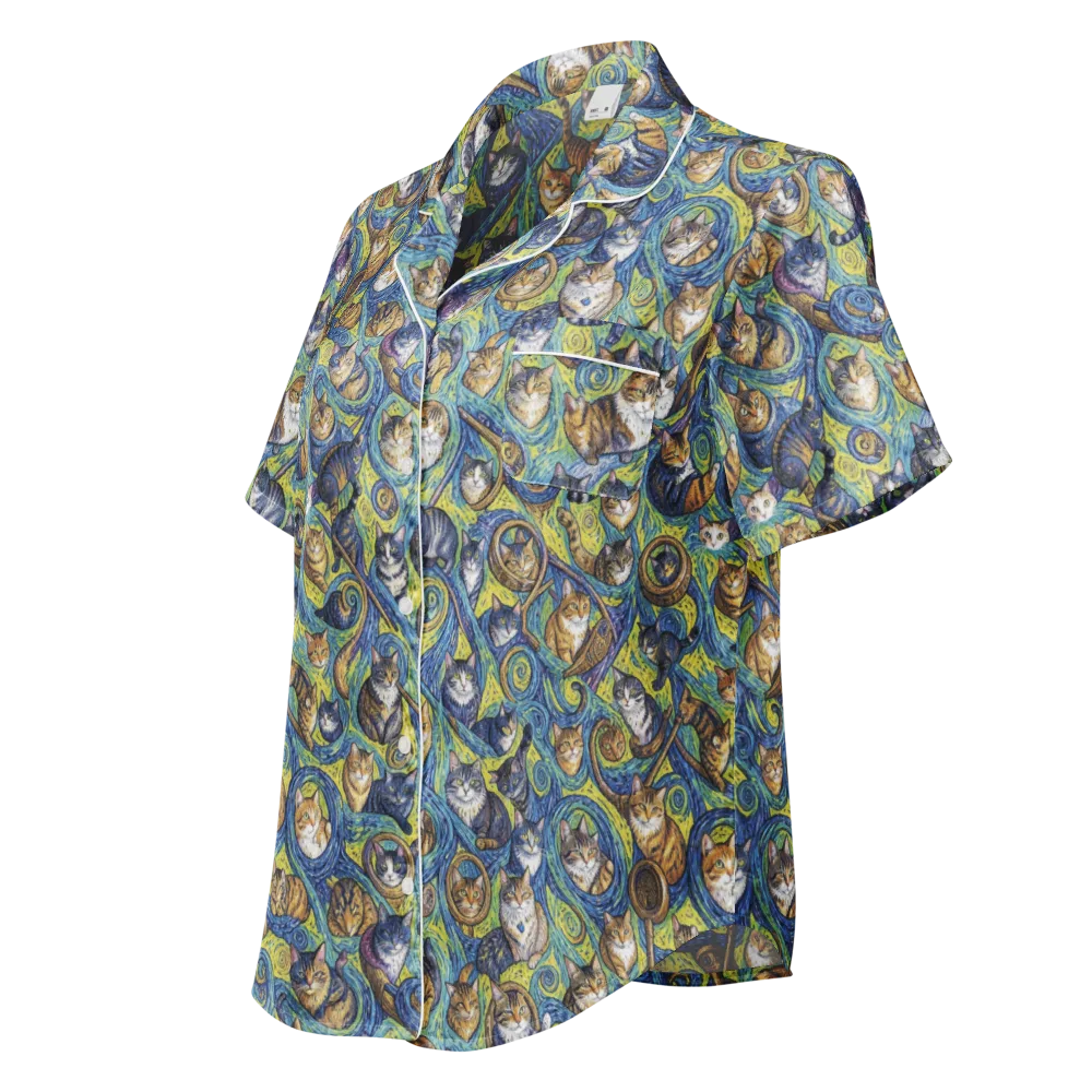 Whiskered Starry Night on Women's Short Sleeve Pajama Top — Left Front