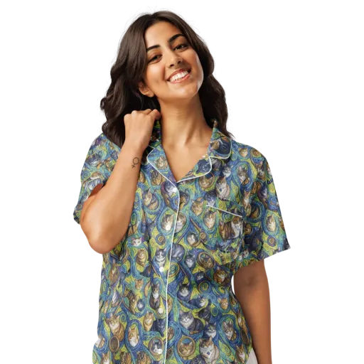 Whiskered Starry Night on a Women's Short Sleeve Pajama Top