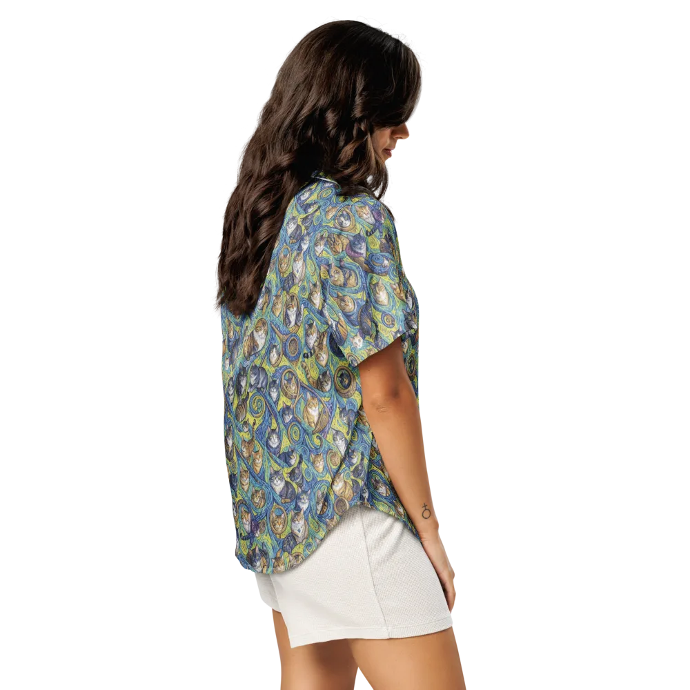 Whiskered Starry Night on Women's Short Sleeve Pajama Top — Right Back