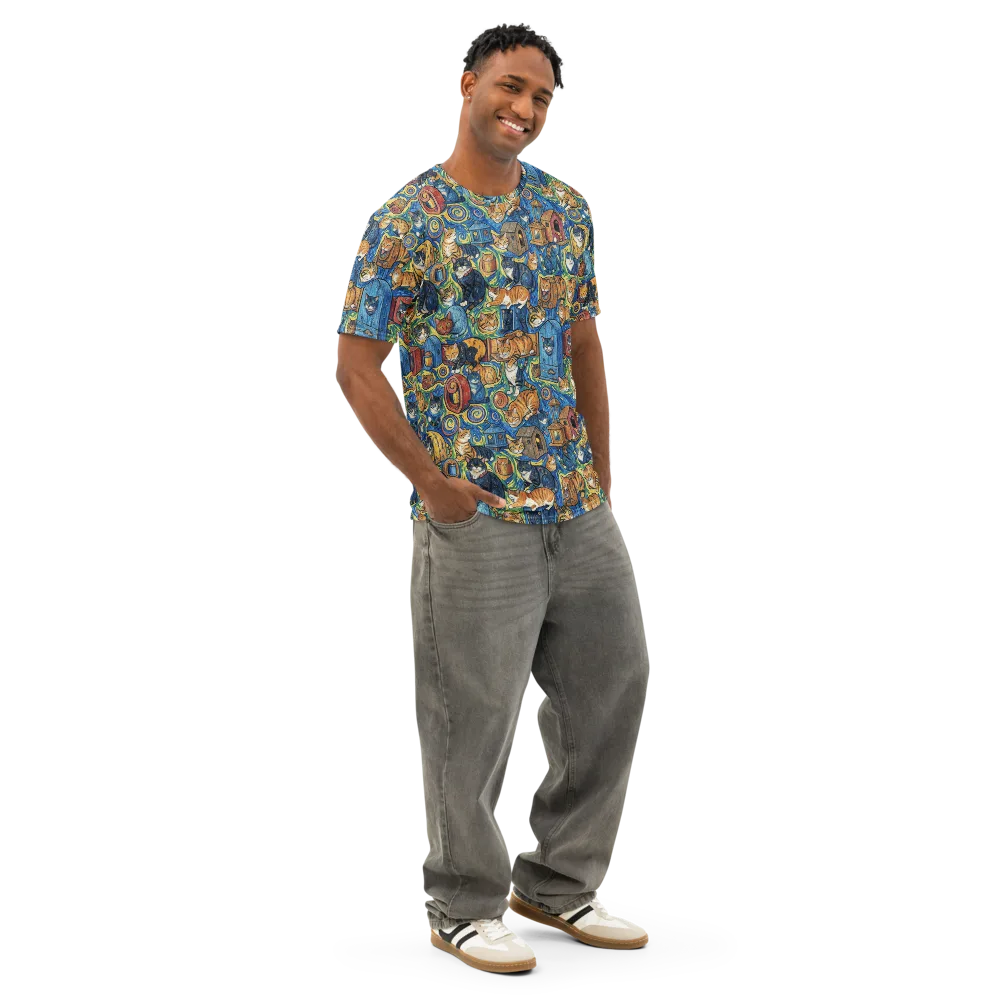 Midnight Meow on Men's Cotton Crew Neck T-Shirt — Right Front