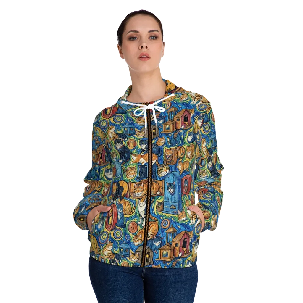 Midnight Meow on Women's Full-Zip Hoodie — Front On Person