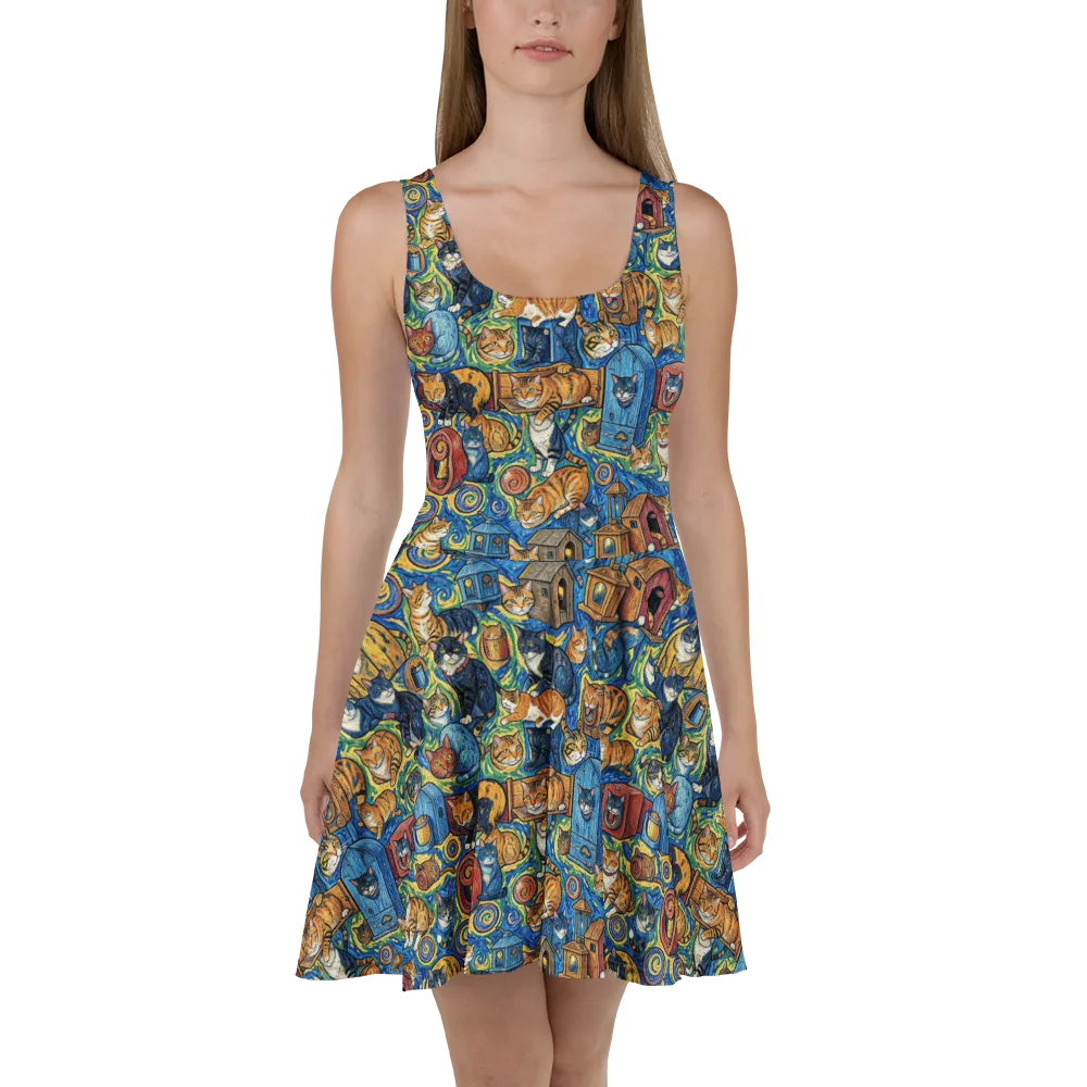 Midnight Meow on Skater Dress — Front