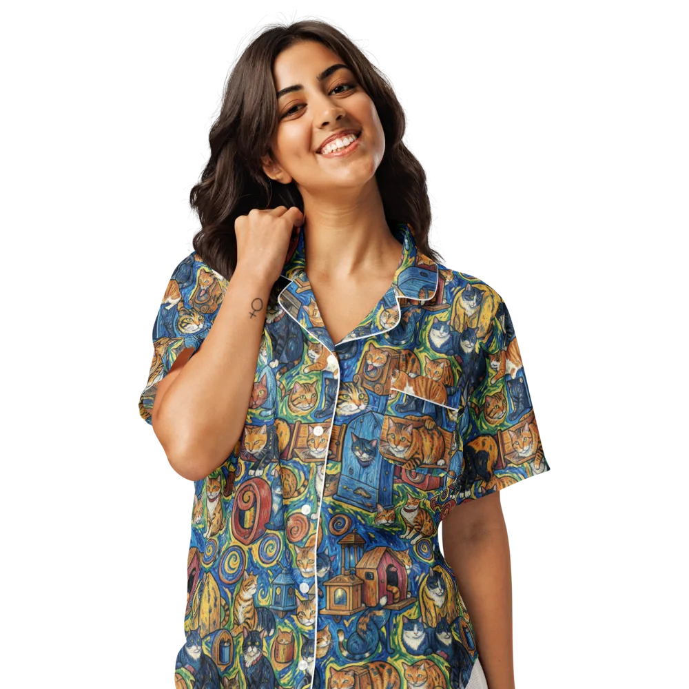 Midnight Meow on Women's Short Sleeve Pajama Top — Front