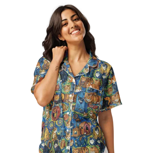 Midnight Meow on a Women's Short Sleeve Pajama Top