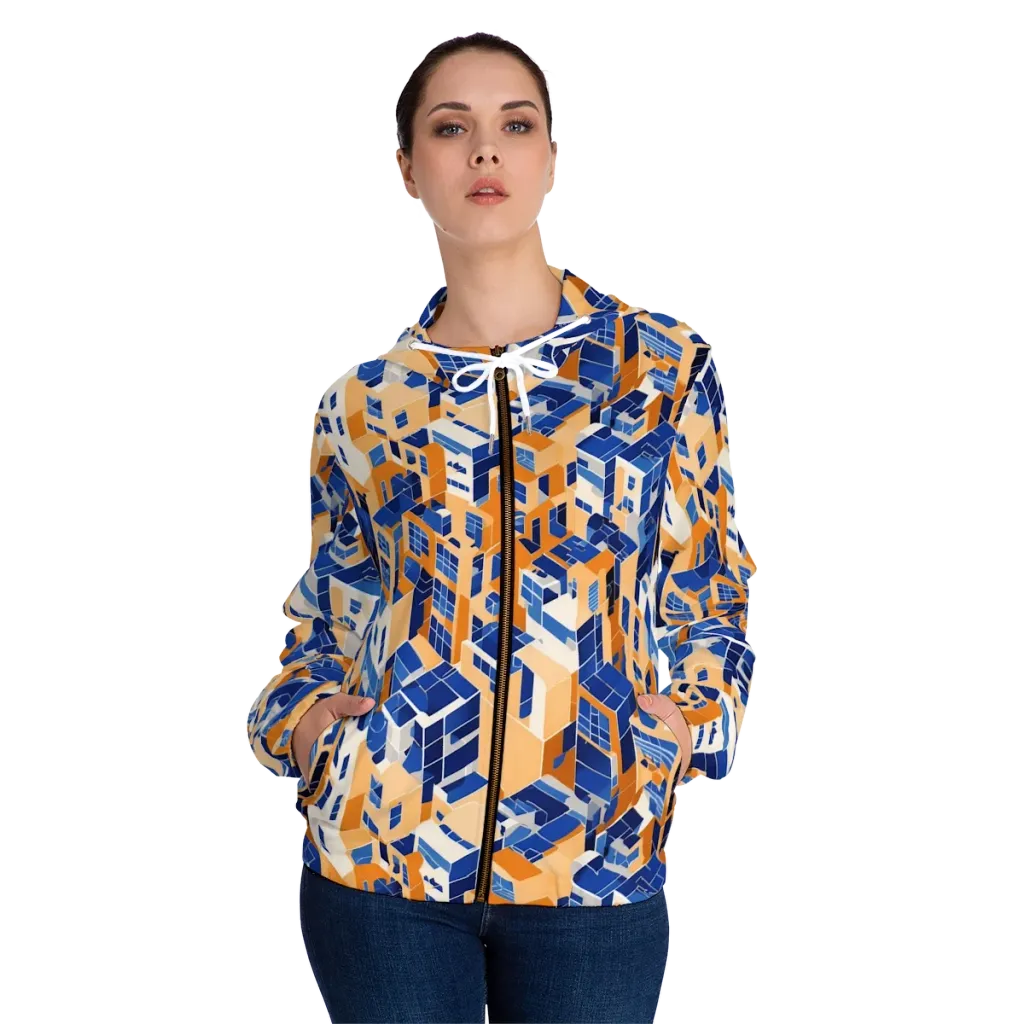 Azure Blocks on Women's Full-Zip Hoodie — Front On Person