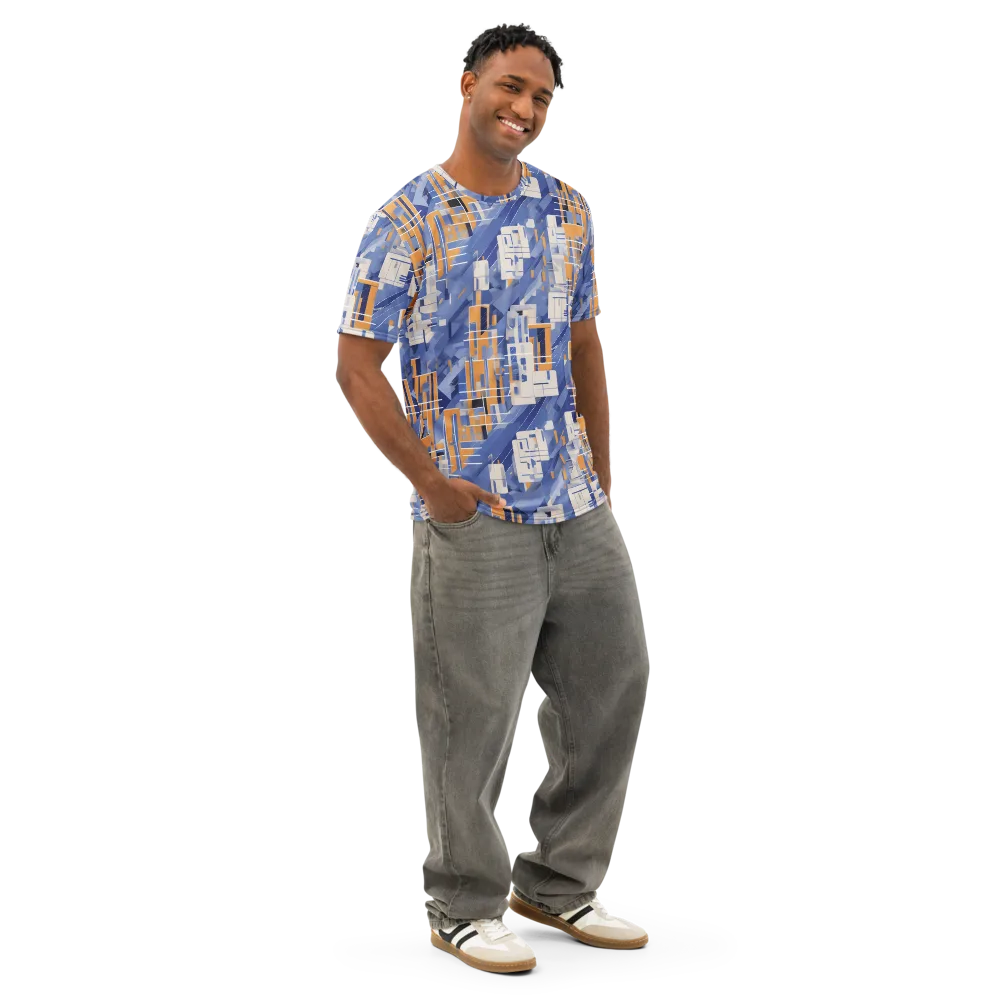 Azure Gridscape on Men's Cotton Crew Neck T-Shirt — Right Front