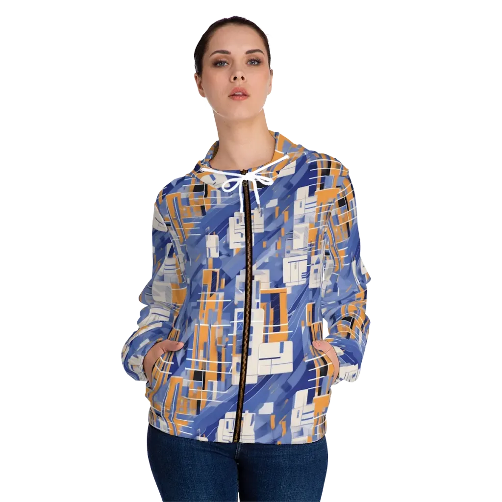 Azure Gridscape on Women's Full-Zip Hoodie — Front On Person