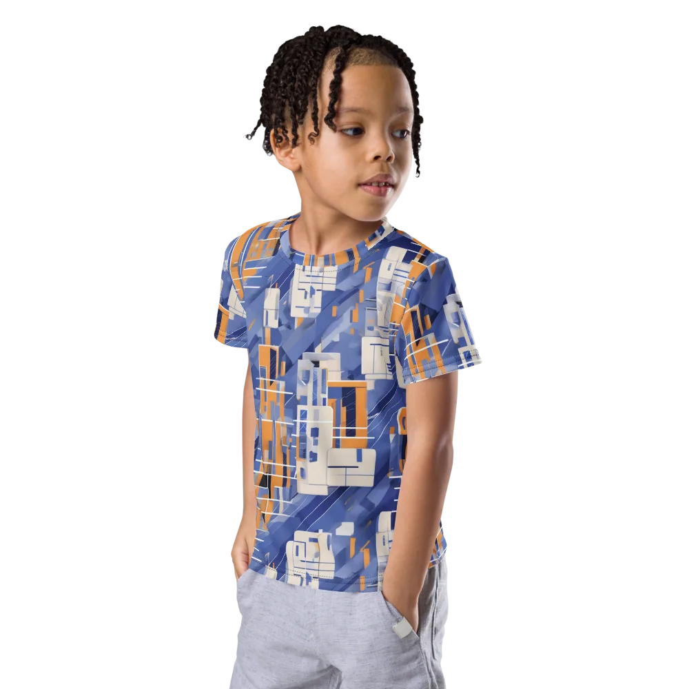 Azure Gridscape on Kids Crew Neck T-Shirt — Left Front