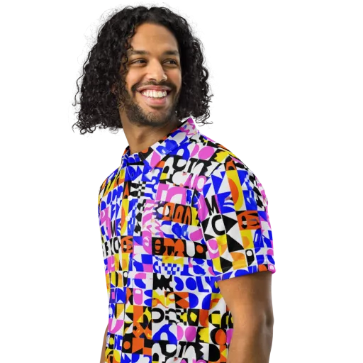 Chromatic Glyph Grid on a Men's Slim Fit Polo Shirt