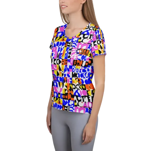 Chromatic Glyph Grid on a Women's Athletic T-Shirt