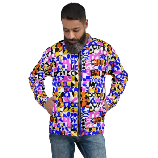 Chromatic Glyph Grid on a Bomber Jacket
