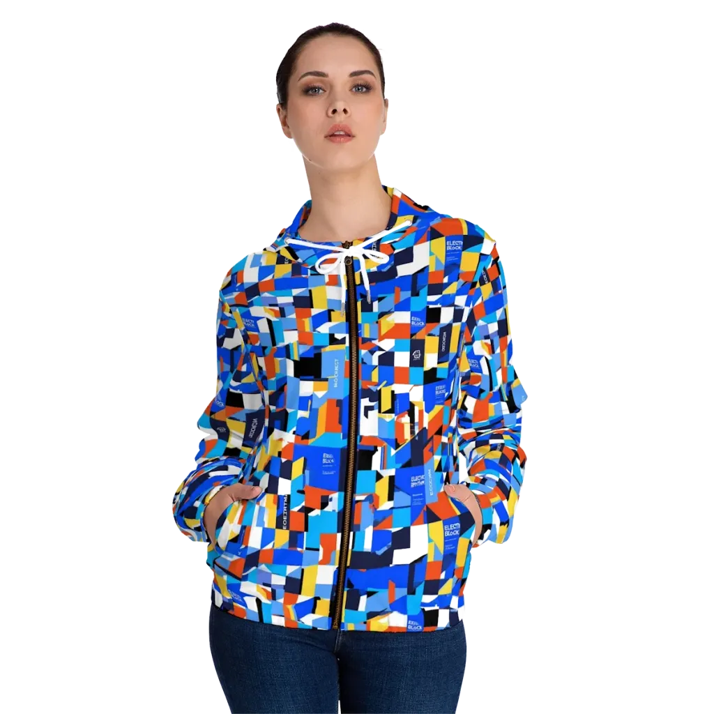 Electric Block Party on Women's Full-Zip Hoodie — Front On Person