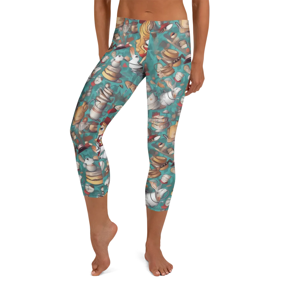 Wonderland Tea Party on Capri Leggings — Front