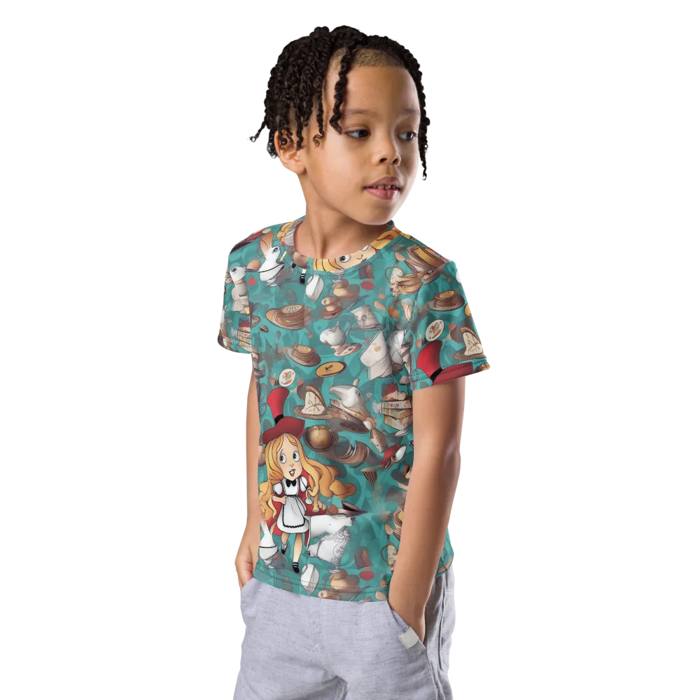 Wonderland Tea Party on Kids Crew Neck T-Shirt — Left Front