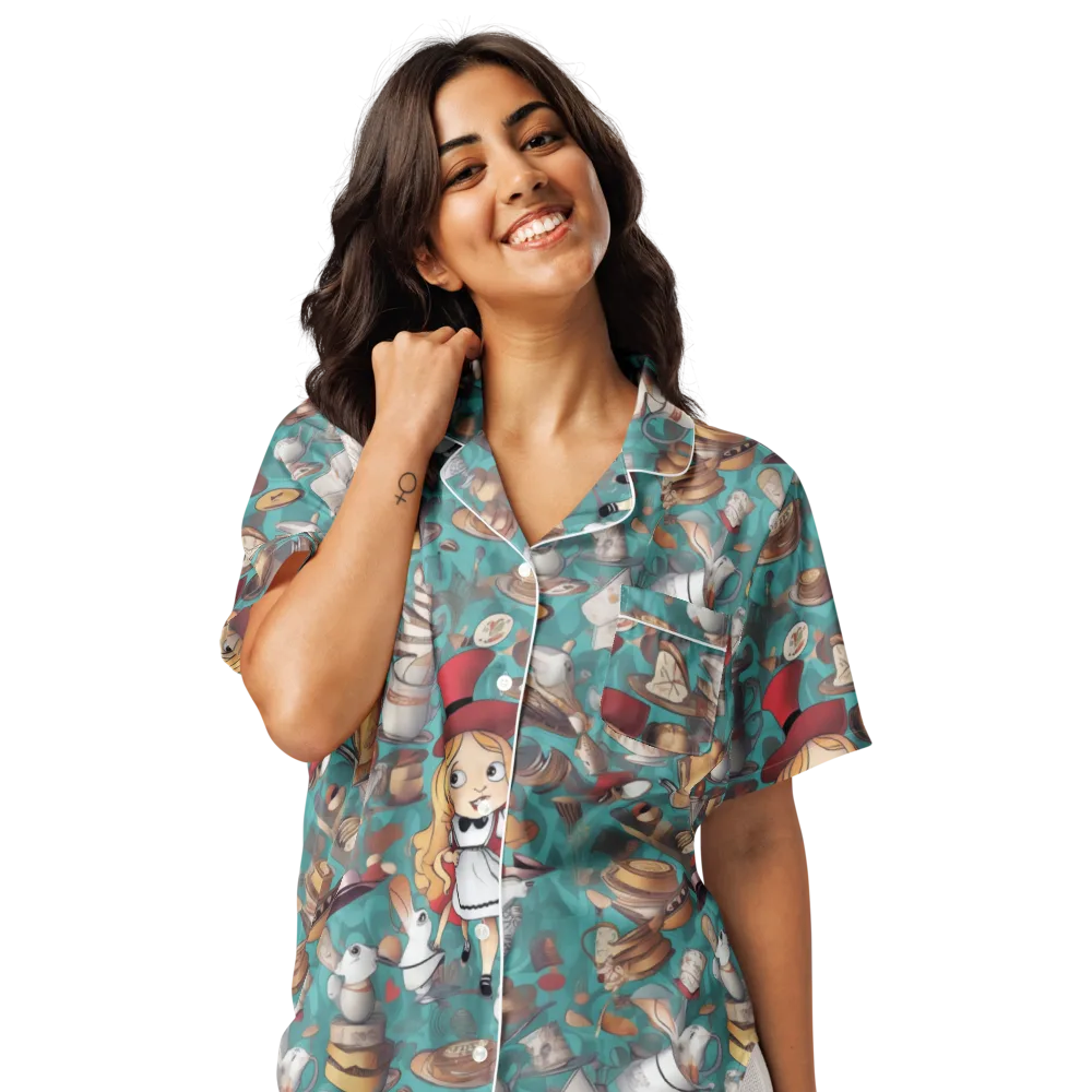 Wonderland Tea Party on Women's Short Sleeve Pajama Top — Front