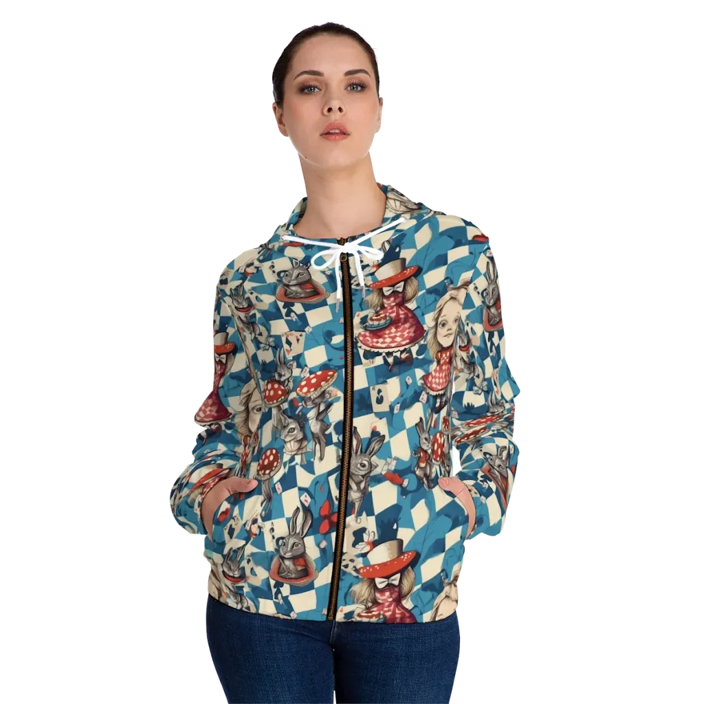 Wonderland Checkmate on Women's Full-Zip Hoodie — Front On Person