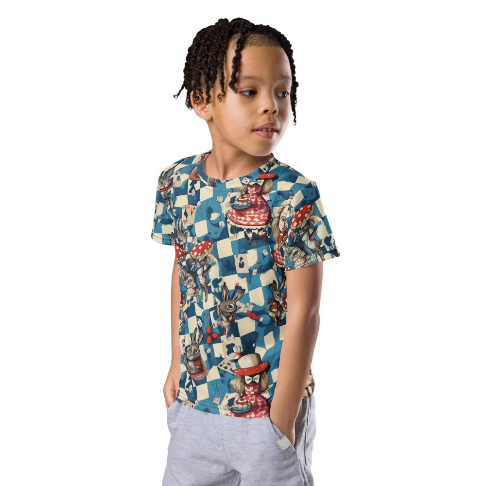 Wonderland Checkmate on Kids Crew Neck T-Shirt — Left Front