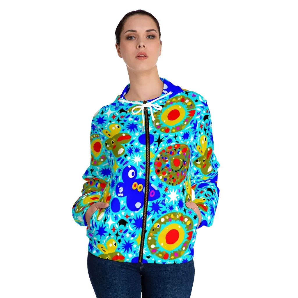 Cosmic Critter Bloom on Women's Full-Zip Hoodie — Front On Person