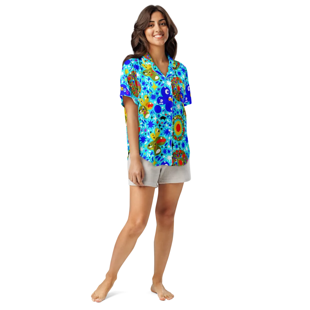 Cosmic Critter Bloom on Women's Short Sleeve Pajama Top — Front