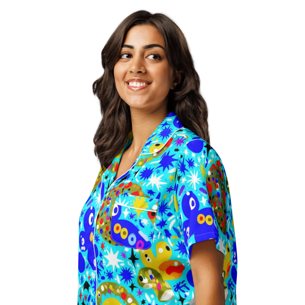 Cosmic Critter Bloom on Women's Short Sleeve Pajama Top — Left Front