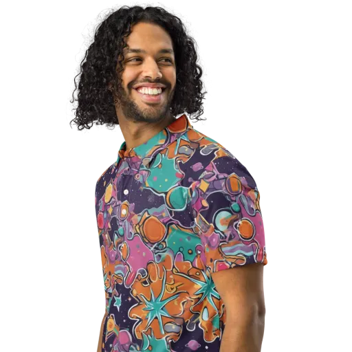 Orbiting Bonbons on a Men's Slim Fit Polo Shirt