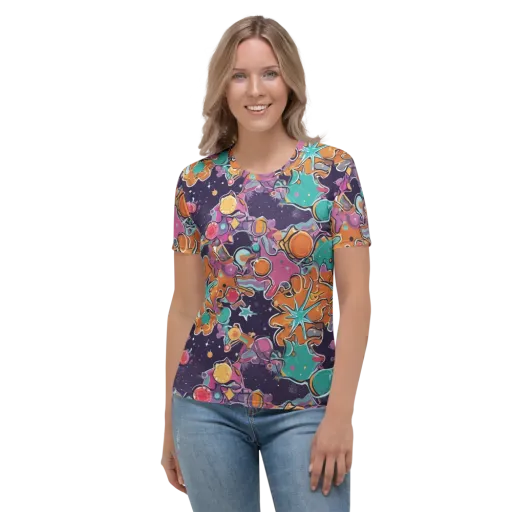 Orbiting Bonbons on a Women's Crew Neck T-Shirt