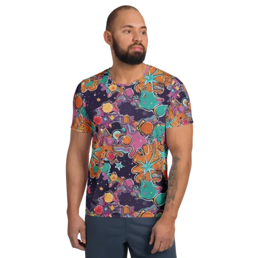 Orbiting Bonbons on a Men's Athletic T-Shirt