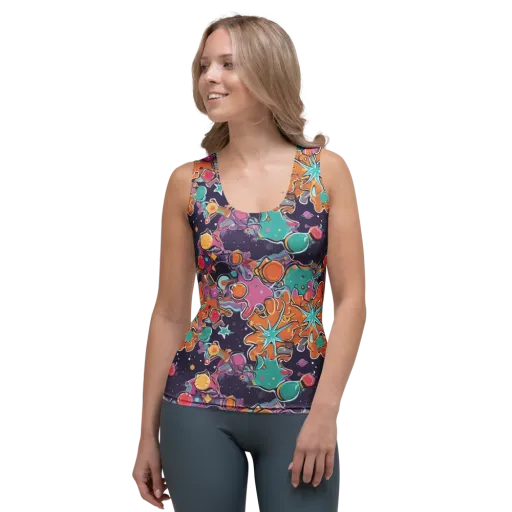 Orbiting Bonbons on a Women's Tank Top
