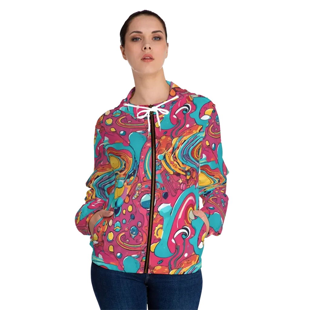 Neon Orbit Bazaar on Women's Full-Zip Hoodie — Front On Person