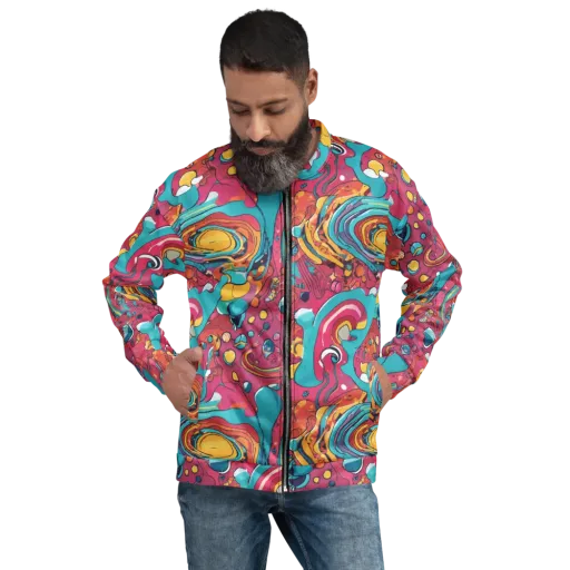 Neon Orbit Bazaar on a Bomber Jacket